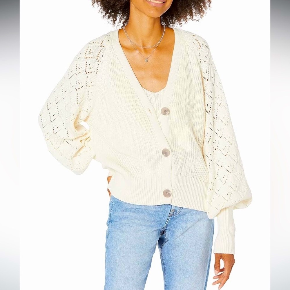 The Drop Women's Divya Pointelle Full Sleeve Cardigan Sweater, Whisper White M